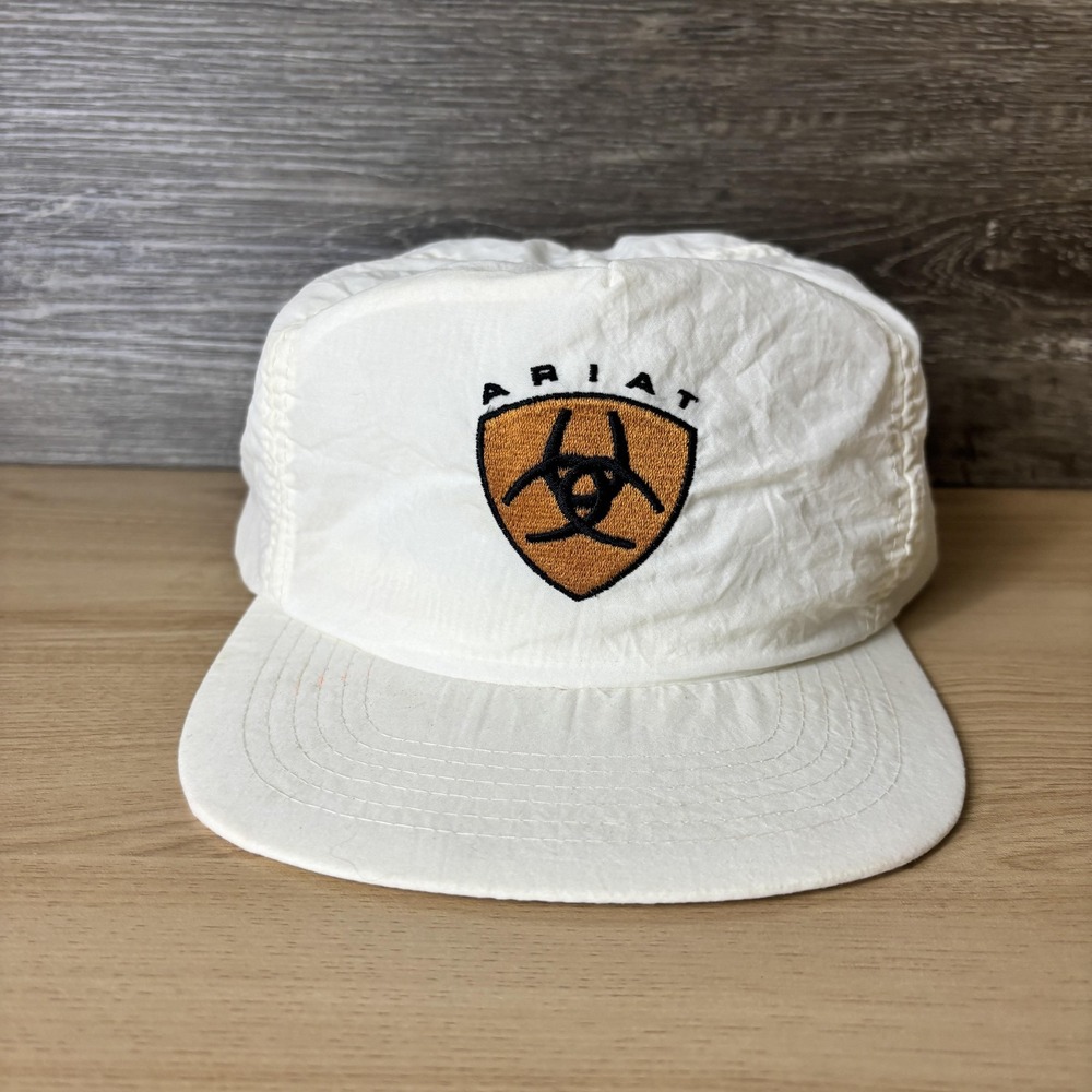 VINTAGE Ariat Hat Cap Snap Back White Nylon Embroidered Patch Shield Mens 90s
